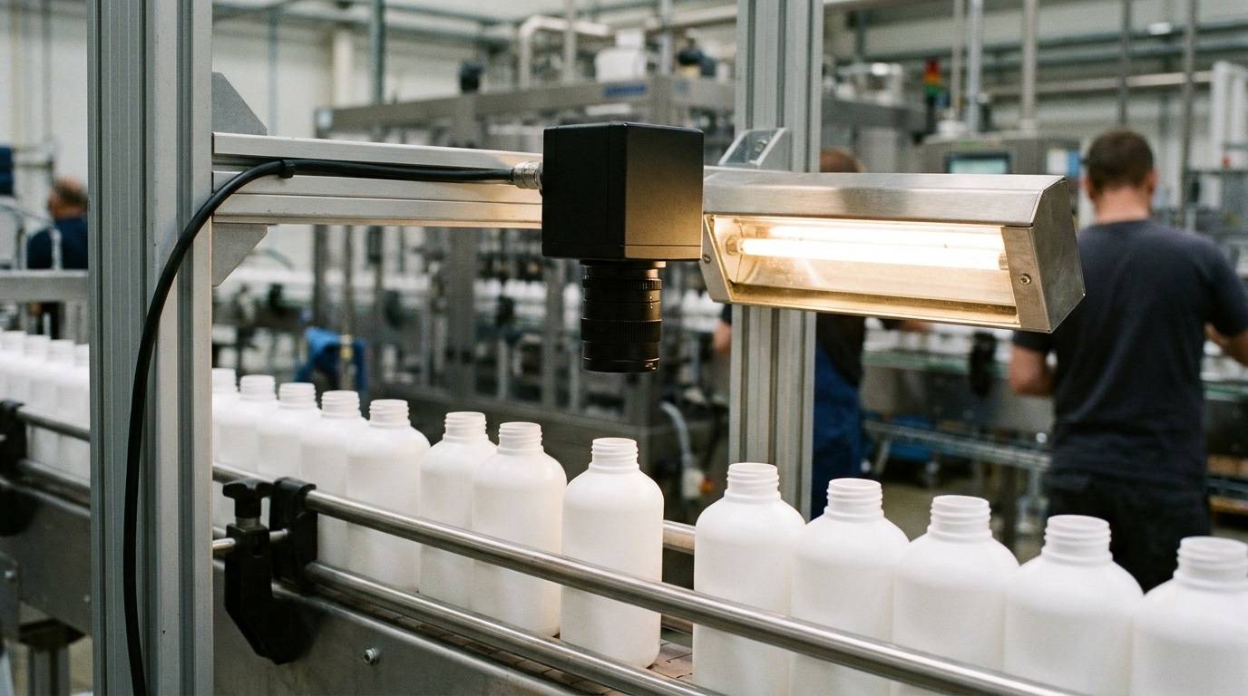 An industrial camera on an inspection line, the product category this domain names